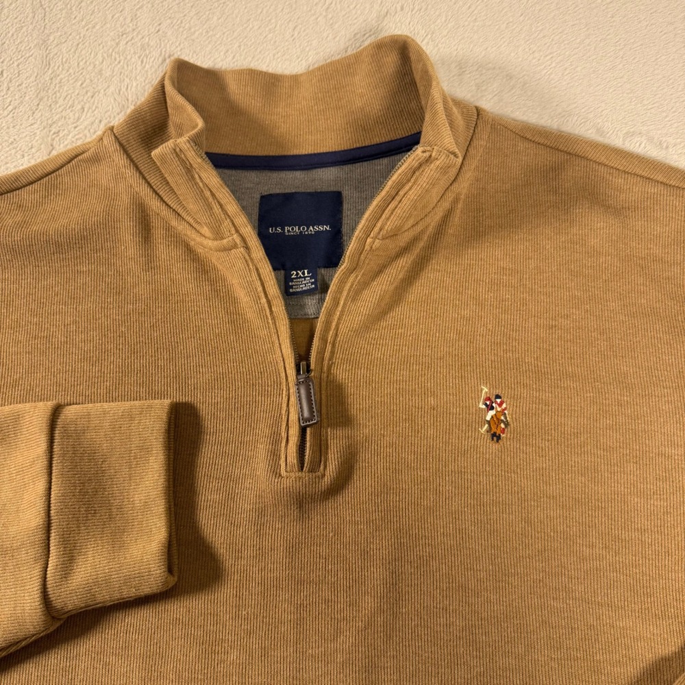 US Polo Assn Mens 2XL Tan Camel Ribbed 1/4 Zip Pullover Sweater 11C847